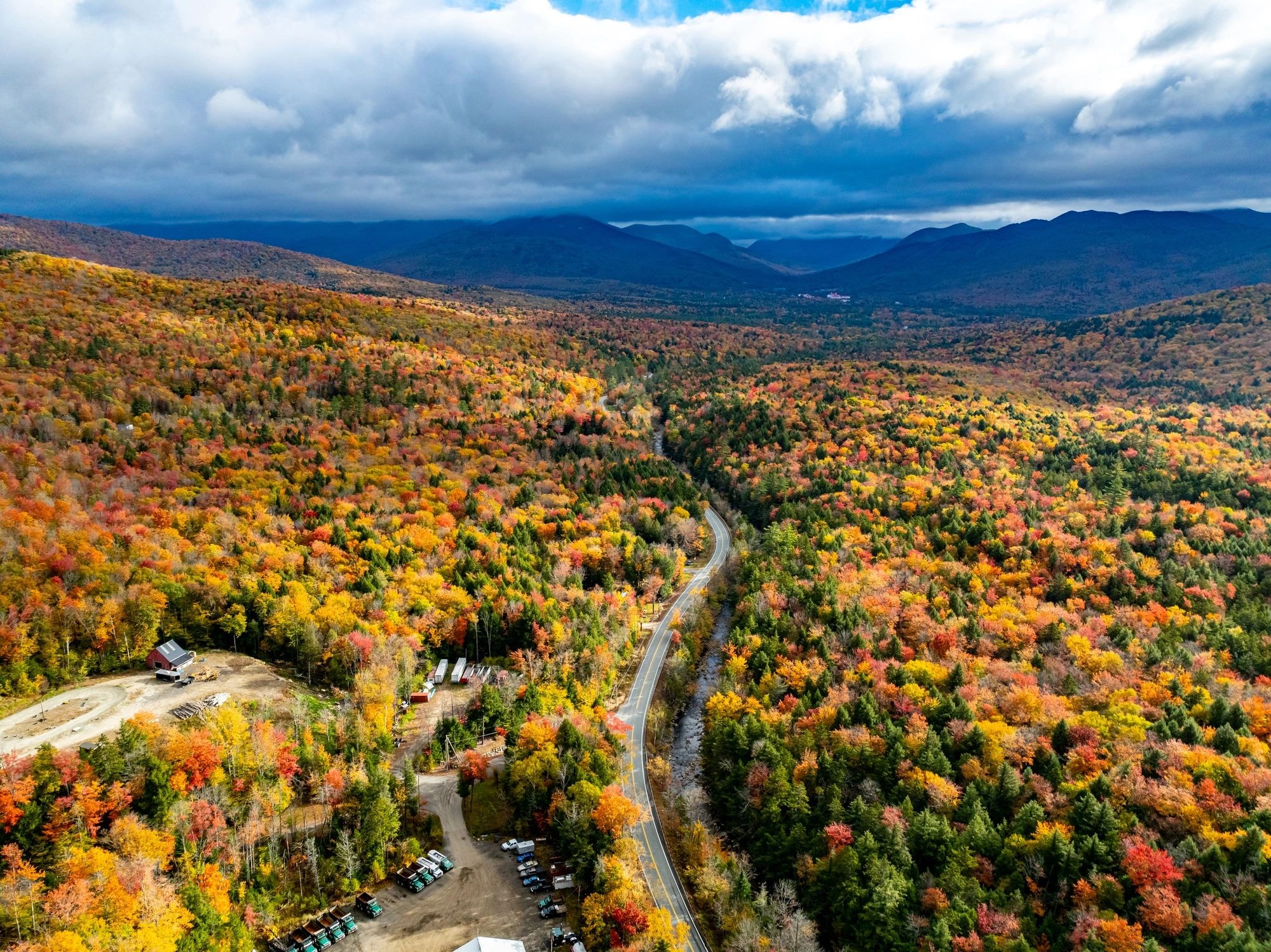 Aerial autumn mountain valley — sugarbush map feature
